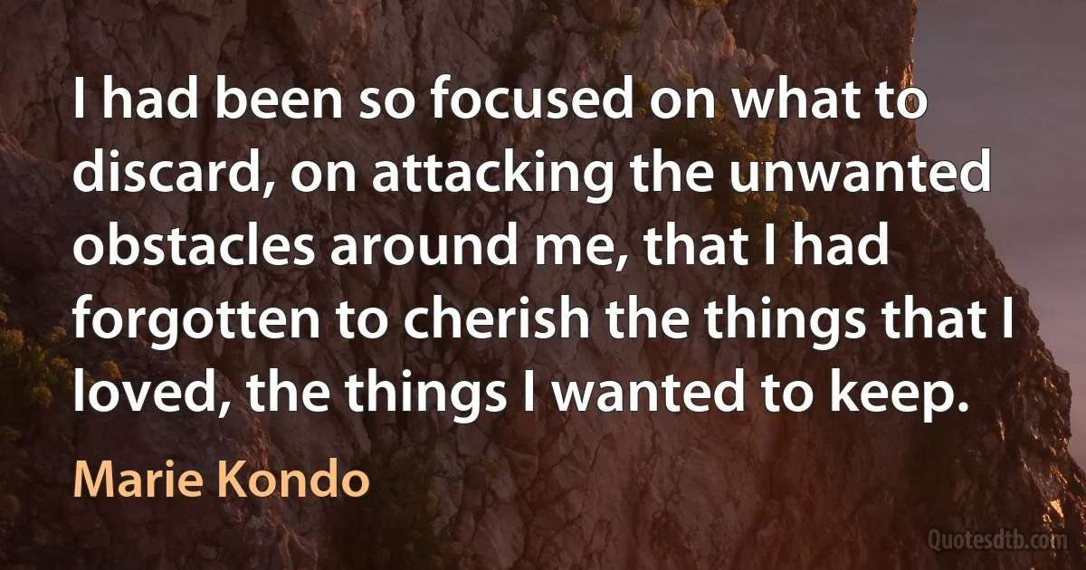 I had been so focused on what to discard, on attacking the unwanted obstacles around me, that I had forgotten to cherish the things that I loved, the things I wanted to keep. (Marie Kondo)