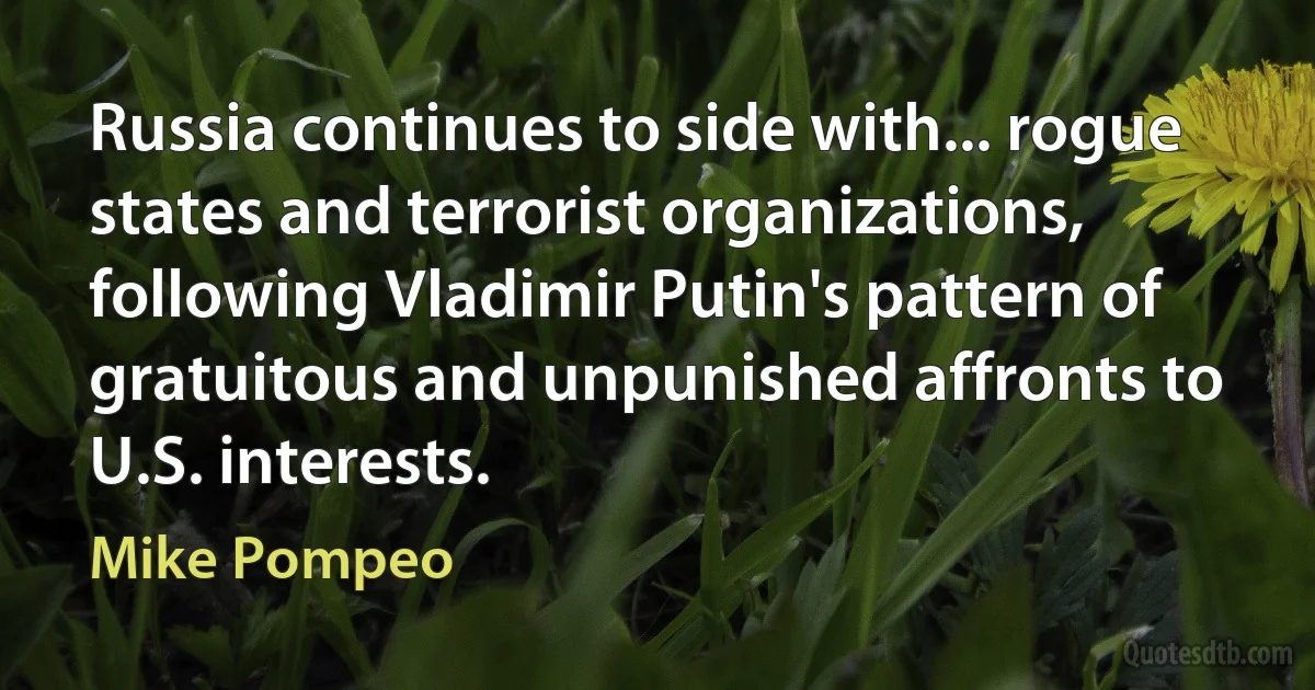 Russia continues to side with... rogue states and terrorist organizations, following Vladimir Putin's pattern of gratuitous and unpunished affronts to U.S. interests. (Mike Pompeo)