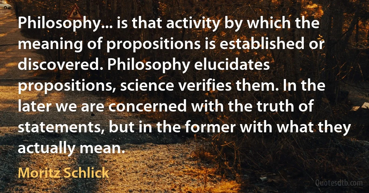 Philosophy... is that activity by which the meaning of propositions is established or discovered. Philosophy elucidates propositions, science verifies them. In the later we are concerned with the truth of statements, but in the former with what they actually mean. (Moritz Schlick)