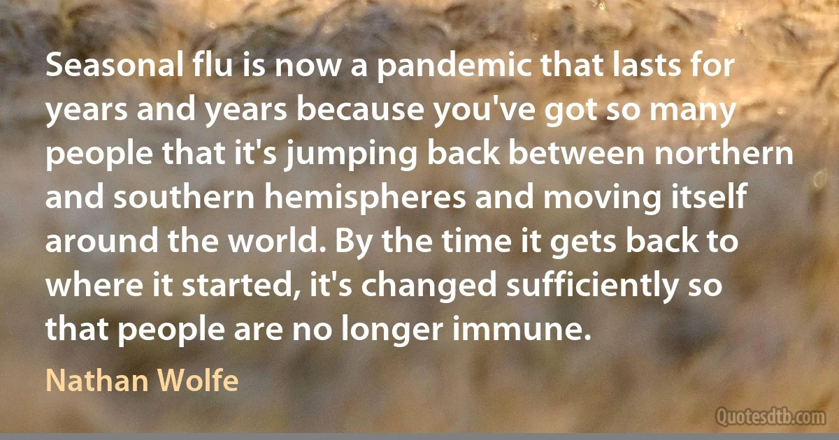 Seasonal flu is now a pandemic that lasts for years and years because you've got so many people that it's jumping back between northern and southern hemispheres and moving itself around the world. By the time it gets back to where it started, it's changed sufficiently so that people are no longer immune. (Nathan Wolfe)