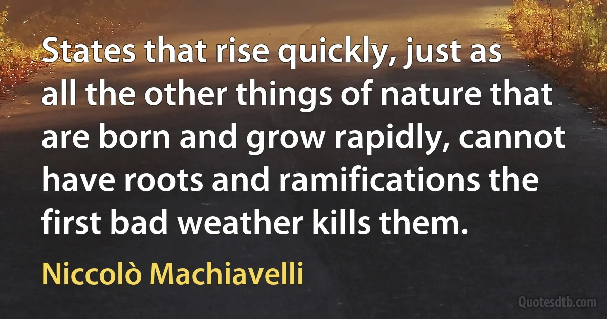 States that rise quickly, just as all the other things of nature that are born and grow rapidly, cannot have roots and ramifications the first bad weather kills them. (Niccolò Machiavelli)