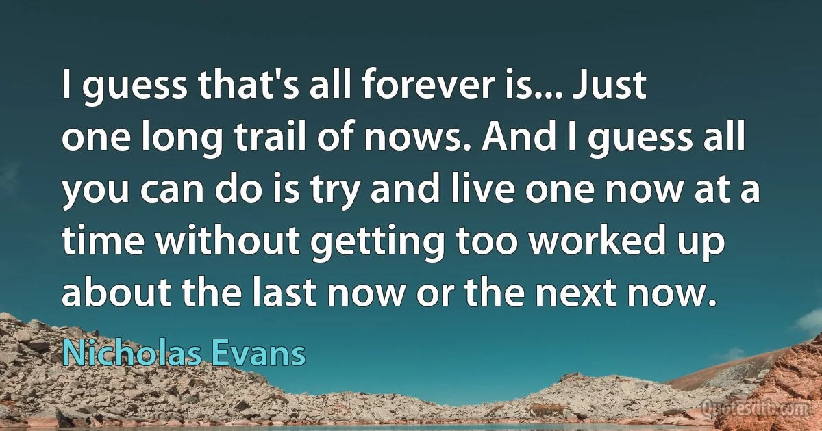 I guess that's all forever is... Just one long trail of nows. And I guess all you can do is try and live one now at a time without getting too worked up about the last now or the next now. (Nicholas Evans)