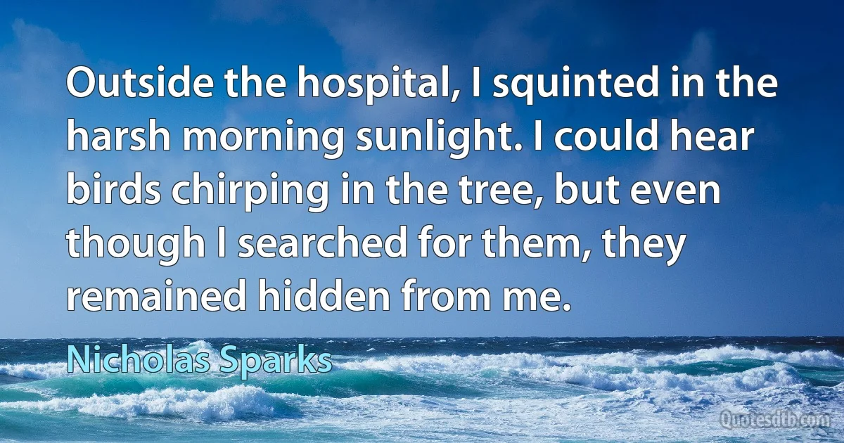 Outside the hospital, I squinted in the harsh morning sunlight. I could hear birds chirping in the tree, but even though I searched for them, they remained hidden from me. (Nicholas Sparks)