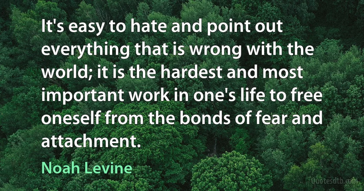 It's easy to hate and point out everything that is wrong with the world; it is the hardest and most important work in one's life to free oneself from the bonds of fear and attachment. (Noah Levine)