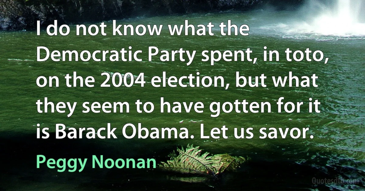 I do not know what the Democratic Party spent, in toto, on the 2004 election, but what they seem to have gotten for it is Barack Obama. Let us savor. (Peggy Noonan)