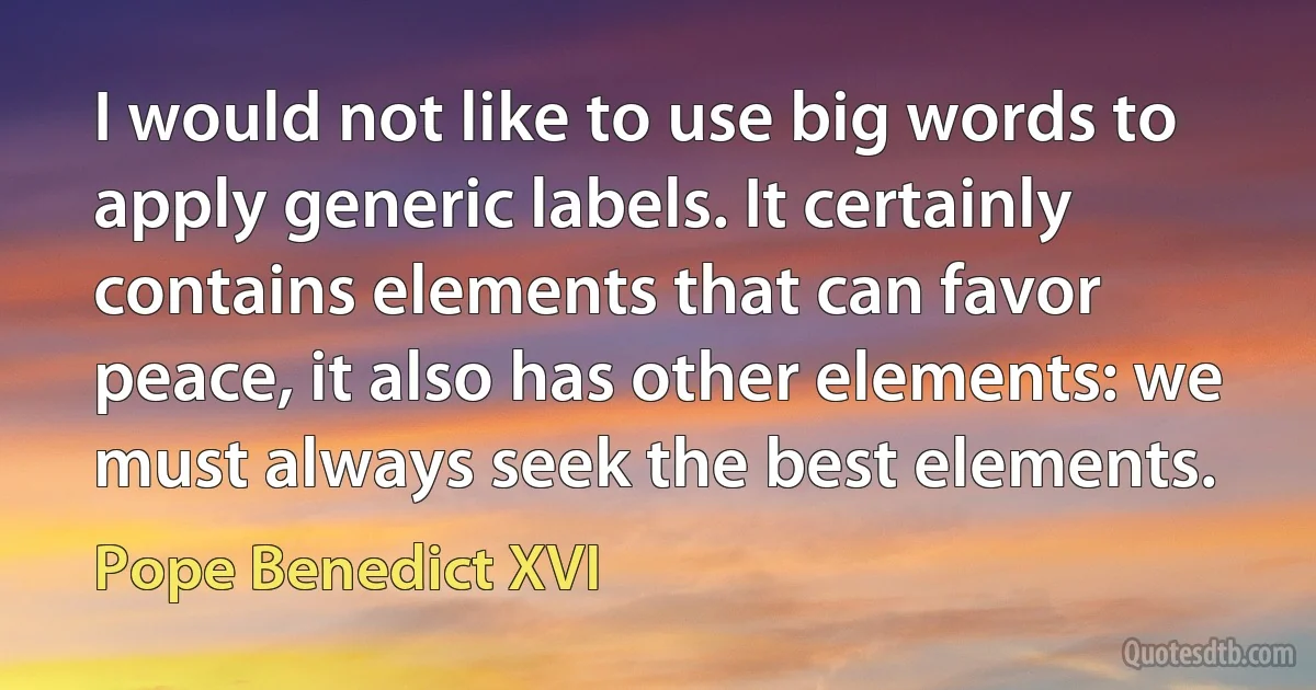 I would not like to use big words to apply generic labels. It certainly contains elements that can favor peace, it also has other elements: we must always seek the best elements. (Pope Benedict XVI)