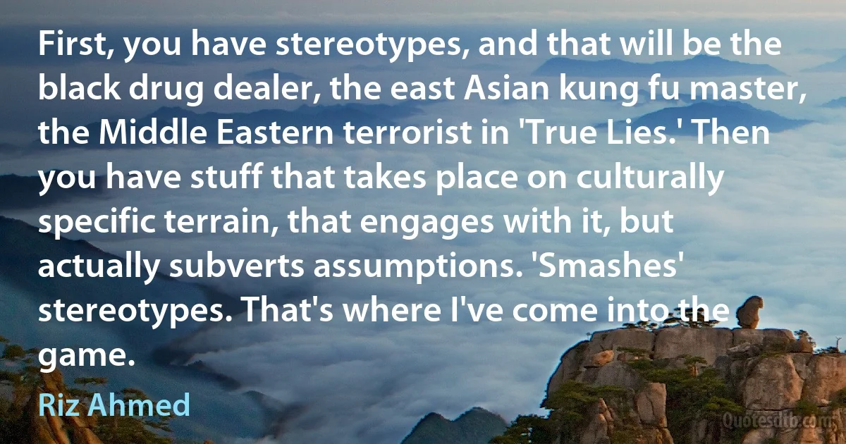 First, you have stereotypes, and that will be the black drug dealer, the east Asian kung fu master, the Middle Eastern terrorist in 'True Lies.' Then you have stuff that takes place on culturally specific terrain, that engages with it, but actually subverts assumptions. 'Smashes' stereotypes. That's where I've come into the game. (Riz Ahmed)