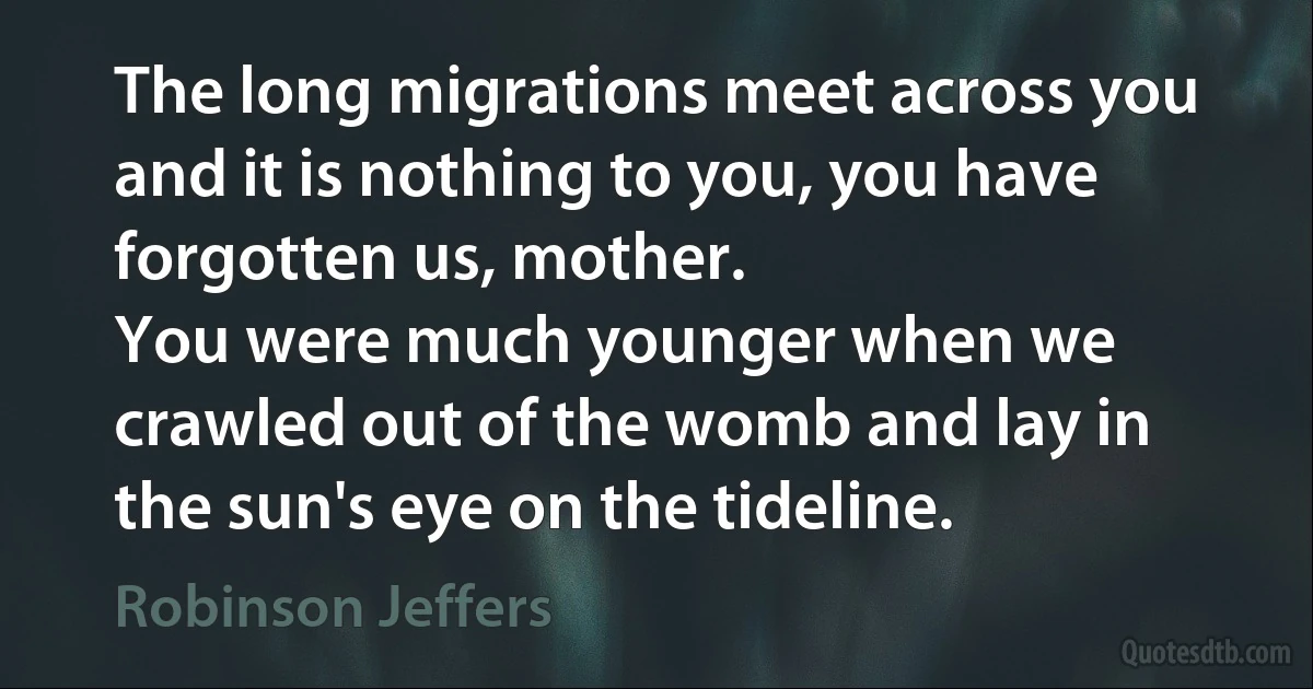 The long migrations meet across you and it is nothing to you, you have forgotten us, mother.
You were much younger when we crawled out of the womb and lay in the sun's eye on the tideline. (Robinson Jeffers)