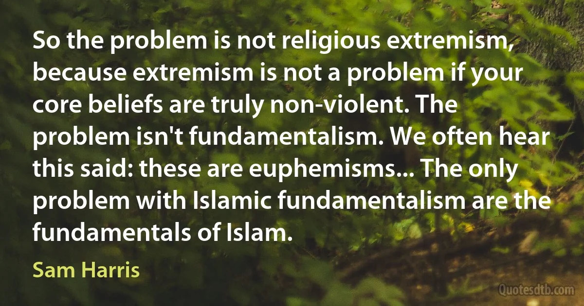 So the problem is not religious extremism, because extremism is not a problem if your core beliefs are truly non-violent. The problem isn't fundamentalism. We often hear this said: these are euphemisms... The only problem with Islamic fundamentalism are the fundamentals of Islam. (Sam Harris)