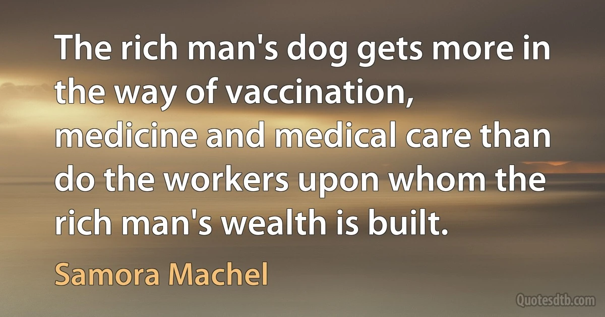 The rich man's dog gets more in the way of vaccination, medicine and medical care than do the workers upon whom the rich man's wealth is built. (Samora Machel)