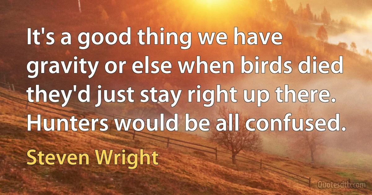 It's a good thing we have gravity or else when birds died they'd just stay right up there. Hunters would be all confused. (Steven Wright)