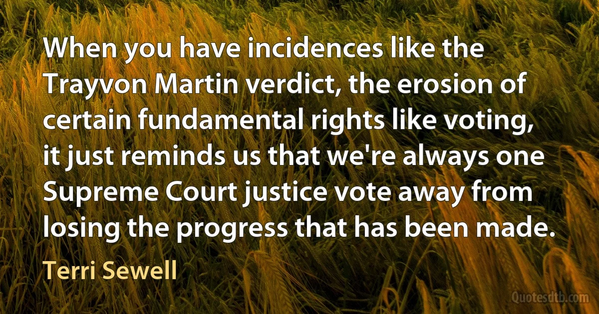 When you have incidences like the Trayvon Martin verdict, the erosion of certain fundamental rights like voting, it just reminds us that we're always one Supreme Court justice vote away from losing the progress that has been made. (Terri Sewell)