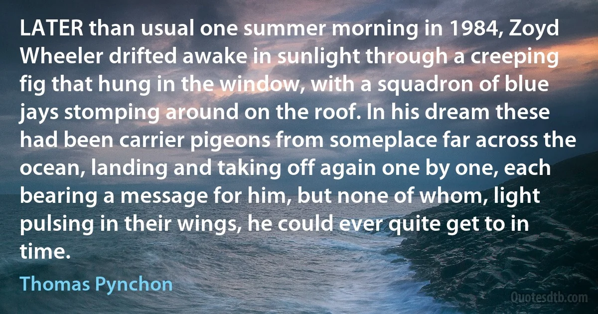 LATER than usual one summer morning in 1984, Zoyd Wheeler drifted awake in sunlight through a creeping fig that hung in the window, with a squadron of blue jays stomping around on the roof. In his dream these had been carrier pigeons from someplace far across the ocean, landing and taking off again one by one, each bearing a message for him, but none of whom, light pulsing in their wings, he could ever quite get to in time. (Thomas Pynchon)