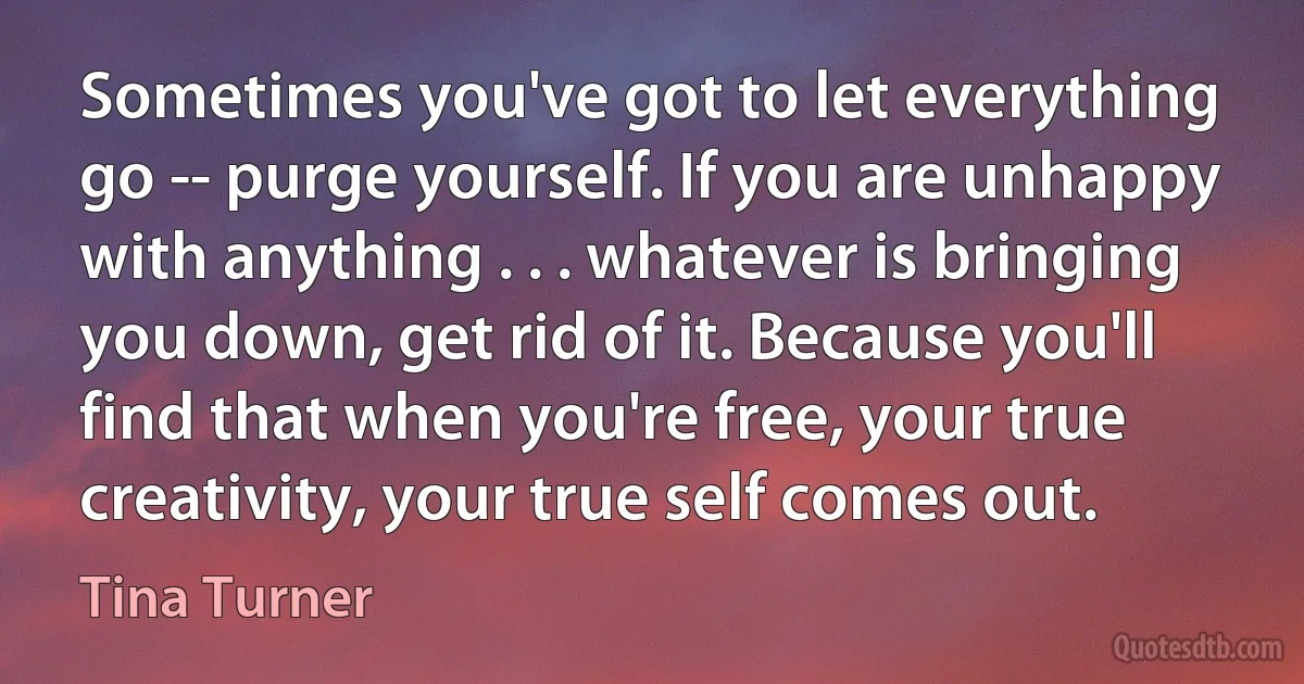 Sometimes you've got to let everything go -- purge yourself. If you are unhappy with anything . . . whatever is bringing you down, get rid of it. Because you'll find that when you're free, your true creativity, your true self comes out. (Tina Turner)