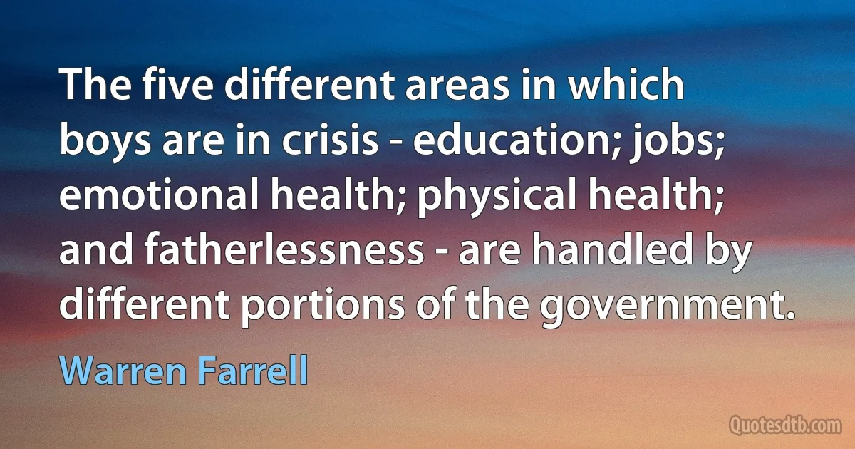 The five different areas in which boys are in crisis - education; jobs; emotional health; physical health; and fatherlessness - are handled by different portions of the government. (Warren Farrell)