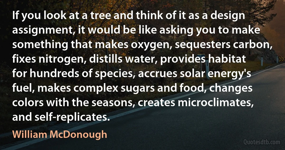 If you look at a tree and think of it as a design assignment, it would be like asking you to make something that makes oxygen, sequesters carbon, fixes nitrogen, distills water, provides habitat for hundreds of species, accrues solar energy's fuel, makes complex sugars and food, changes colors with the seasons, creates microclimates, and self-replicates. (William McDonough)