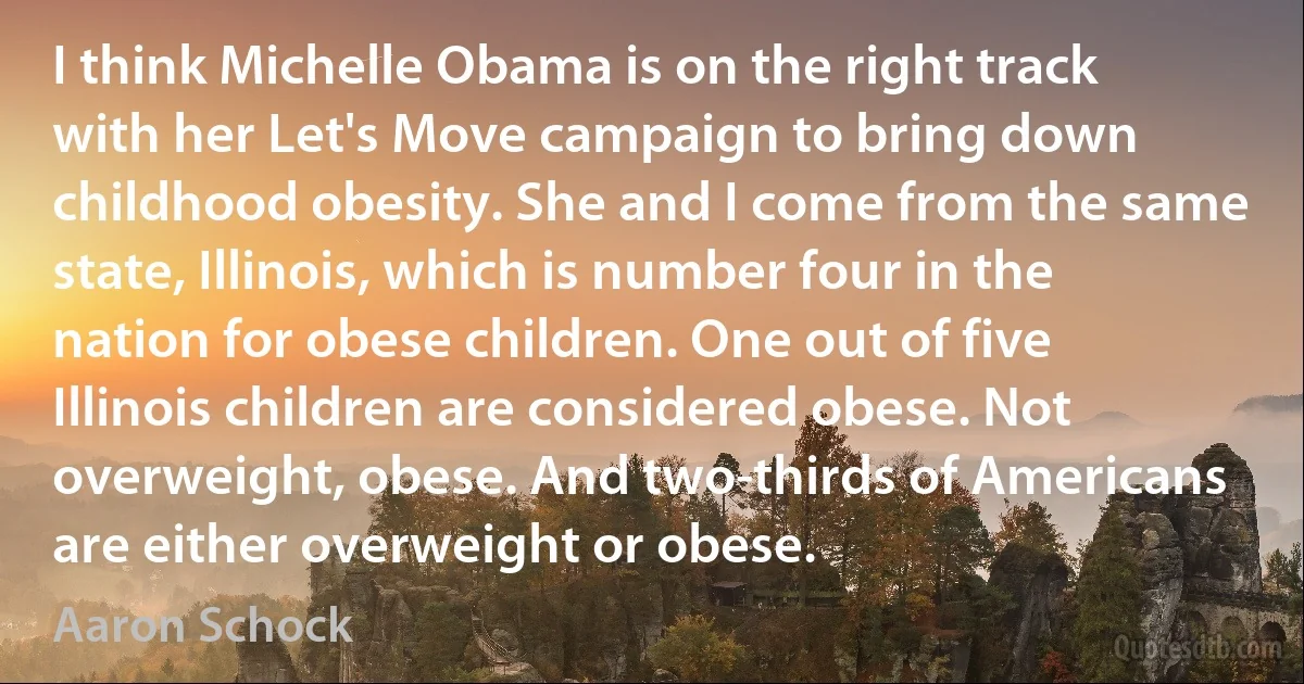 I think Michelle Obama is on the right track with her Let's Move campaign to bring down childhood obesity. She and I come from the same state, Illinois, which is number four in the nation for obese children. One out of five Illinois children are considered obese. Not overweight, obese. And two-thirds of Americans are either overweight or obese. (Aaron Schock)