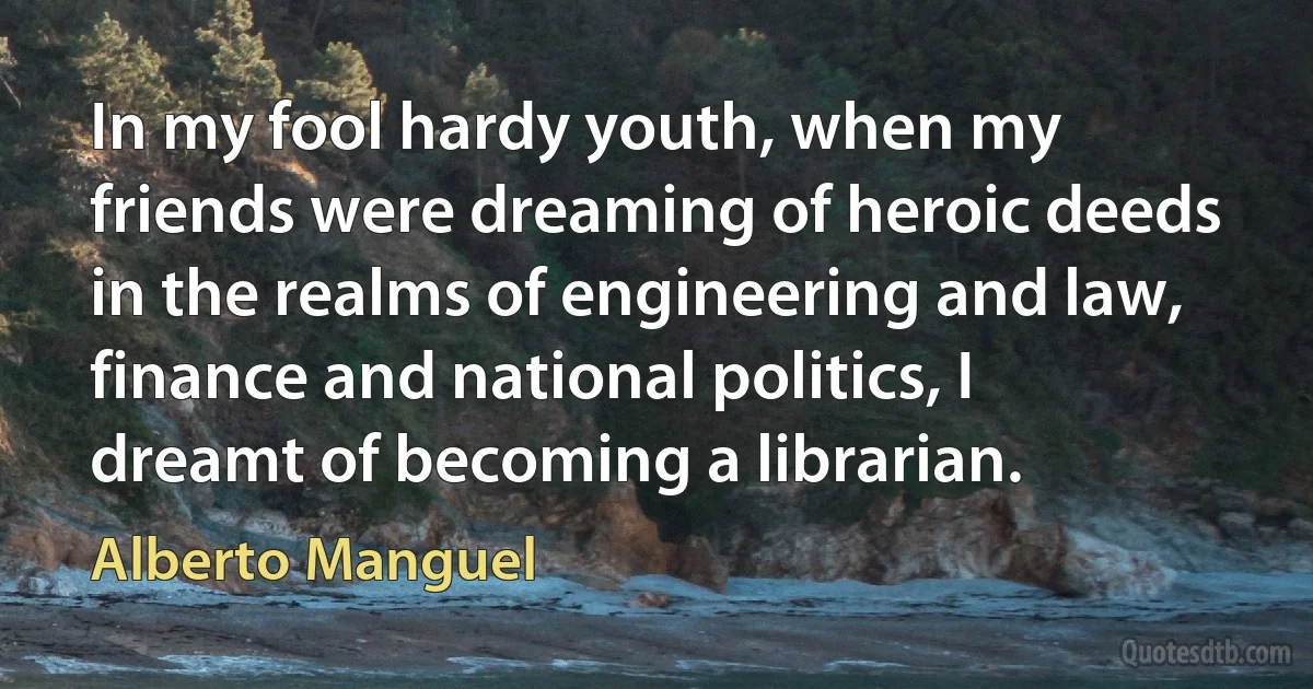 In my fool hardy youth, when my friends were dreaming of heroic deeds in the realms of engineering and law, finance and national politics, I dreamt of becoming a librarian. (Alberto Manguel)