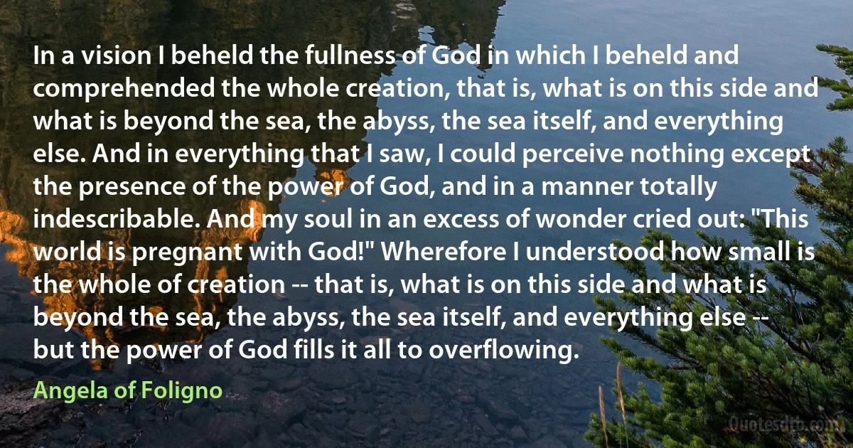 In a vision I beheld the fullness of God in which I beheld and comprehended the whole creation, that is, what is on this side and what is beyond the sea, the abyss, the sea itself, and everything else. And in everything that I saw, I could perceive nothing except the presence of the power of God, and in a manner totally indescribable. And my soul in an excess of wonder cried out: "This world is pregnant with God!" Wherefore I understood how small is the whole of creation -- that is, what is on this side and what is beyond the sea, the abyss, the sea itself, and everything else -- but the power of God fills it all to overflowing. (Angela of Foligno)