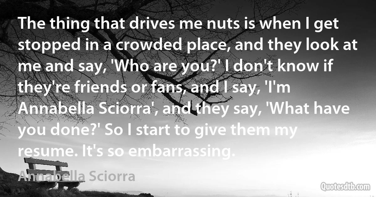 The thing that drives me nuts is when I get stopped in a crowded place, and they look at me and say, 'Who are you?' I don't know if they're friends or fans, and I say, 'I'm Annabella Sciorra', and they say, 'What have you done?' So I start to give them my resume. It's so embarrassing. (Annabella Sciorra)