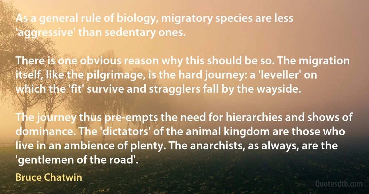 As a general rule of biology, migratory species are less 'aggressive' than sedentary ones.

There is one obvious reason why this should be so. The migration itself, like the pilgrimage, is the hard journey: a 'leveller' on which the 'fit' survive and stragglers fall by the wayside.

The journey thus pre-empts the need for hierarchies and shows of dominance. The 'dictators' of the animal kingdom are those who live in an ambience of plenty. The anarchists, as always, are the 'gentlemen of the road'. (Bruce Chatwin)