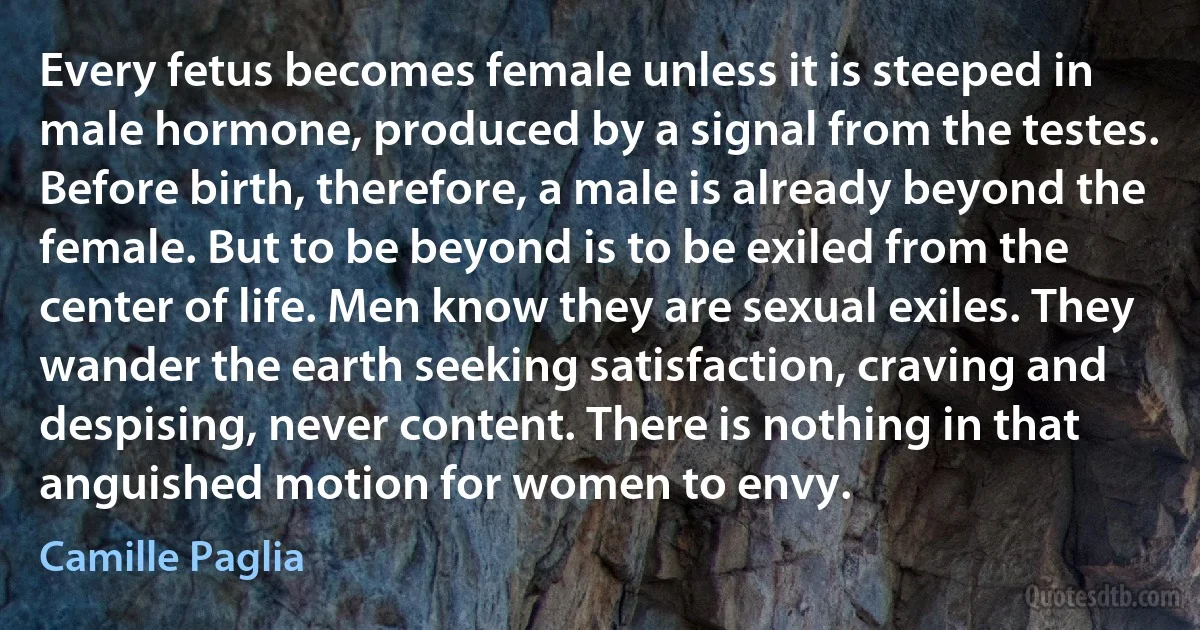 Every fetus becomes female unless it is steeped in male hormone, produced by a signal from the testes. Before birth, therefore, a male is already beyond the female. But to be beyond is to be exiled from the center of life. Men know they are sexual exiles. They wander the earth seeking satisfaction, craving and despising, never content. There is nothing in that anguished motion for women to envy. (Camille Paglia)