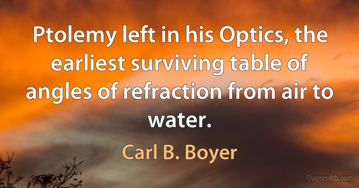 Ptolemy left in his Optics, the earliest surviving table of angles of refraction from air to water. (Carl B. Boyer)