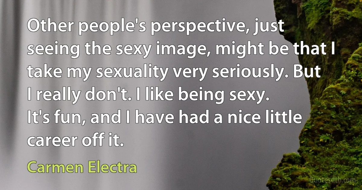 Other people's perspective, just seeing the sexy image, might be that I take my sexuality very seriously. But I really don't. I like being sexy. It's fun, and I have had a nice little career off it. (Carmen Electra)