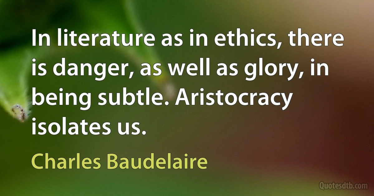 In literature as in ethics, there is danger, as well as glory, in being subtle. Aristocracy isolates us. (Charles Baudelaire)