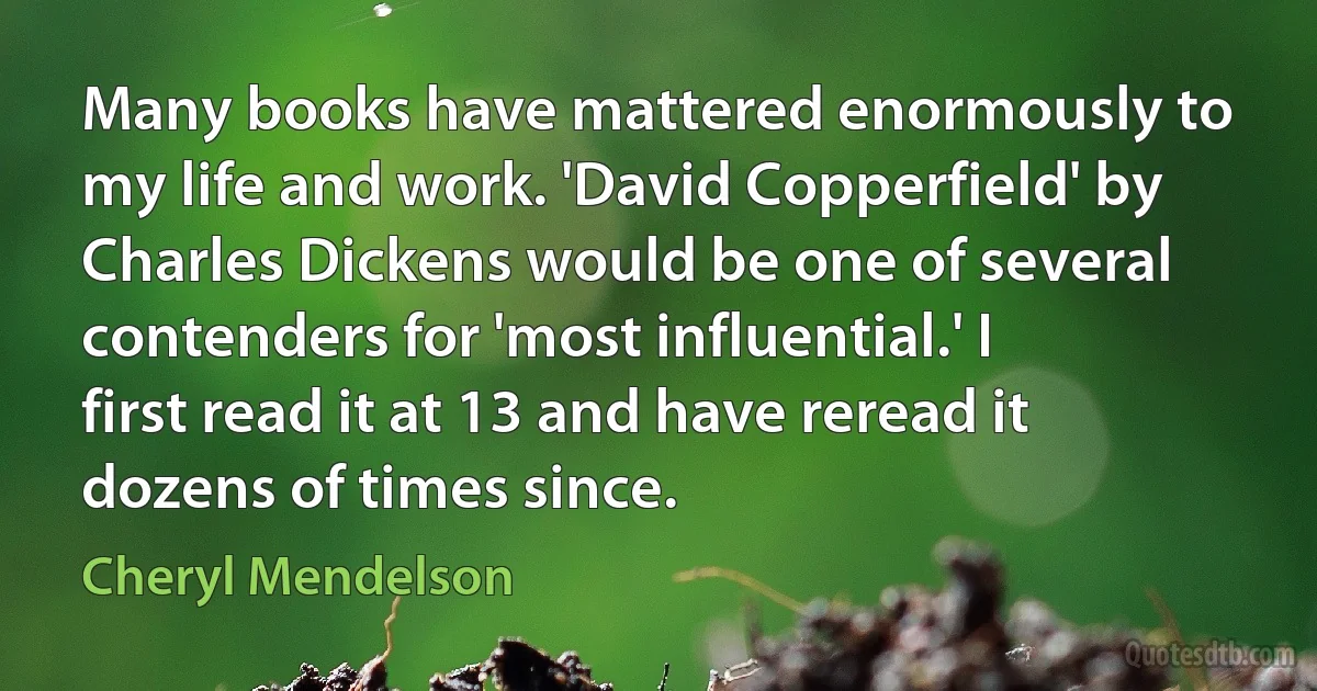 Many books have mattered enormously to my life and work. 'David Copperfield' by Charles Dickens would be one of several contenders for 'most influential.' I first read it at 13 and have reread it dozens of times since. (Cheryl Mendelson)