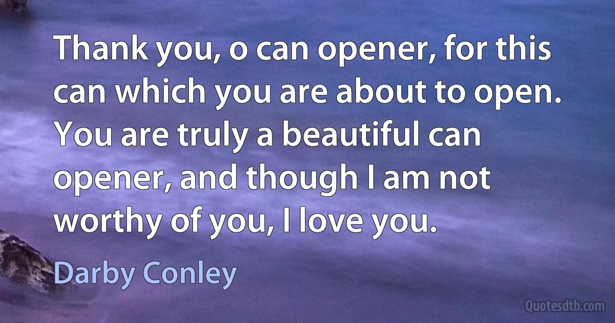 Thank you, o can opener, for this can which you are about to open. You are truly a beautiful can opener, and though I am not worthy of you, I love you. (Darby Conley)