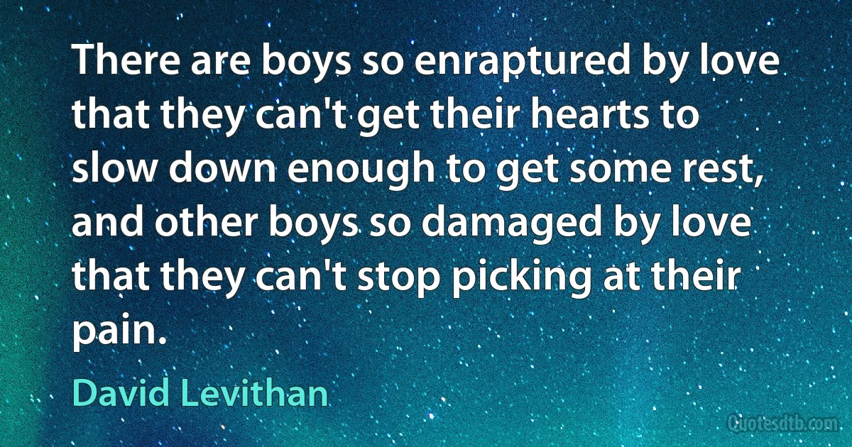 There are boys so enraptured by love that they can't get their hearts to slow down enough to get some rest, and other boys so damaged by love that they can't stop picking at their pain. (David Levithan)