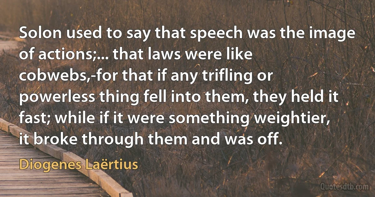 Solon used to say that speech was the image of actions;... that laws were like cobwebs,-for that if any trifling or powerless thing fell into them, they held it fast; while if it were something weightier, it broke through them and was off. (Diogenes Laërtius)