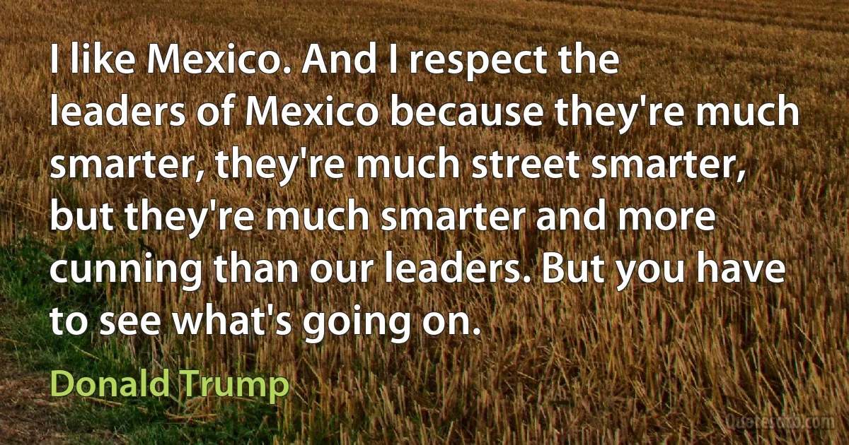 I like Mexico. And I respect the leaders of Mexico because they're much smarter, they're much street smarter, but they're much smarter and more cunning than our leaders. But you have to see what's going on. (Donald Trump)