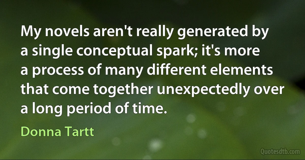 My novels aren't really generated by a single conceptual spark; it's more a process of many different elements that come together unexpectedly over a long period of time. (Donna Tartt)