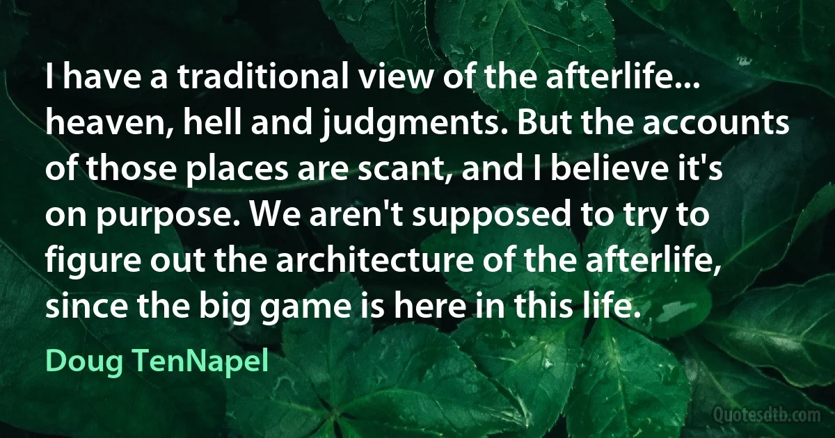 I have a traditional view of the afterlife... heaven, hell and judgments. But the accounts of those places are scant, and I believe it's on purpose. We aren't supposed to try to figure out the architecture of the afterlife, since the big game is here in this life. (Doug TenNapel)