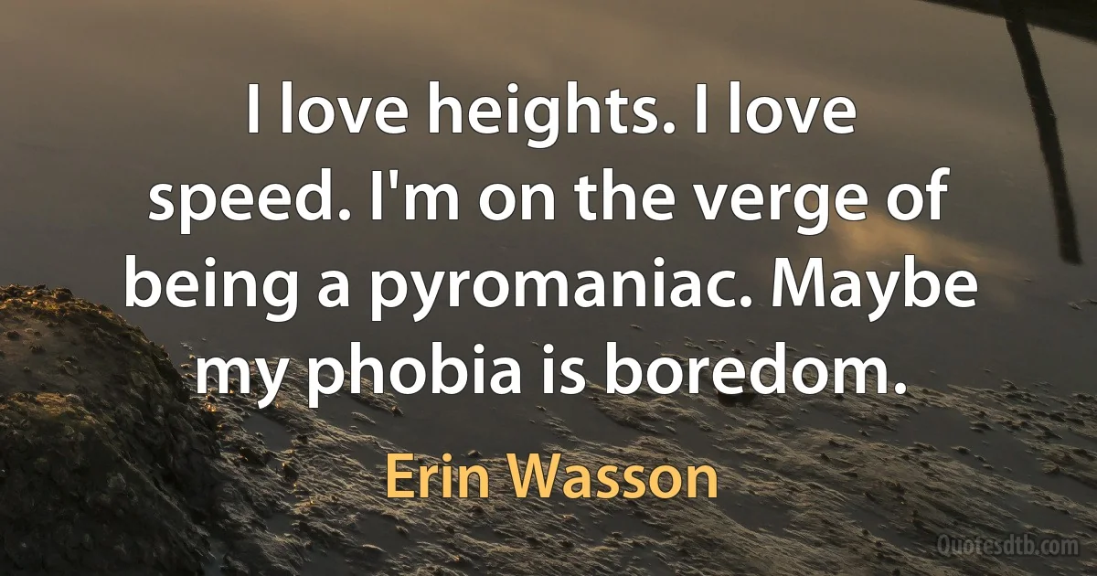 I love heights. I love speed. I'm on the verge of being a pyromaniac. Maybe my phobia is boredom. (Erin Wasson)