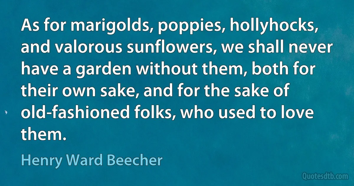 As for marigolds, poppies, hollyhocks, and valorous sunflowers, we shall never have a garden without them, both for their own sake, and for the sake of old-fashioned folks, who used to love them. (Henry Ward Beecher)