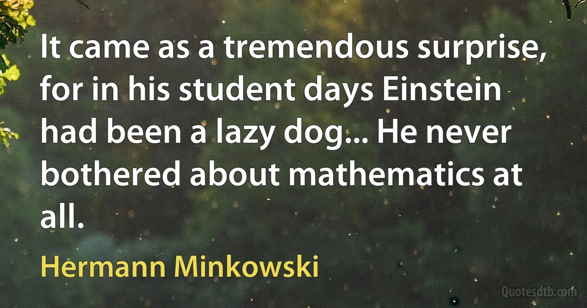 It came as a tremendous surprise, for in his student days Einstein had been a lazy dog... He never bothered about mathematics at all. (Hermann Minkowski)