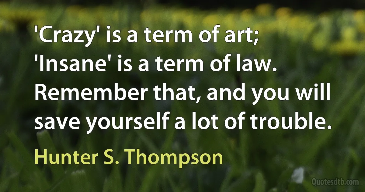 'Crazy' is a term of art; 'Insane' is a term of law. Remember that, and you will save yourself a lot of trouble. (Hunter S. Thompson)