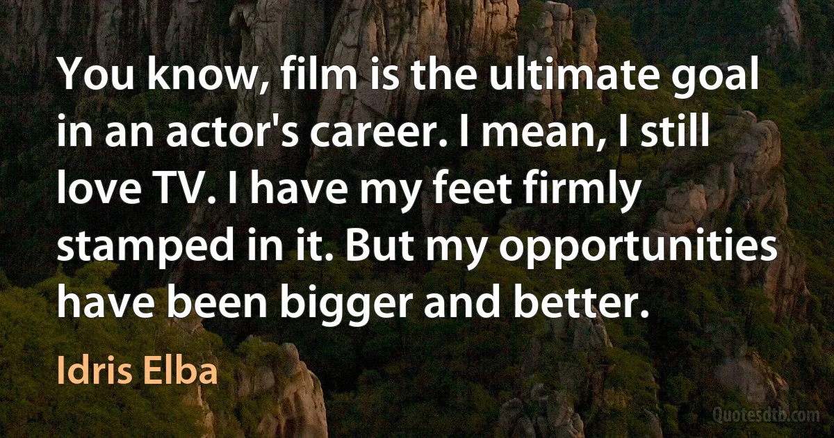 You know, film is the ultimate goal in an actor's career. I mean, I still love TV. I have my feet firmly stamped in it. But my opportunities have been bigger and better. (Idris Elba)