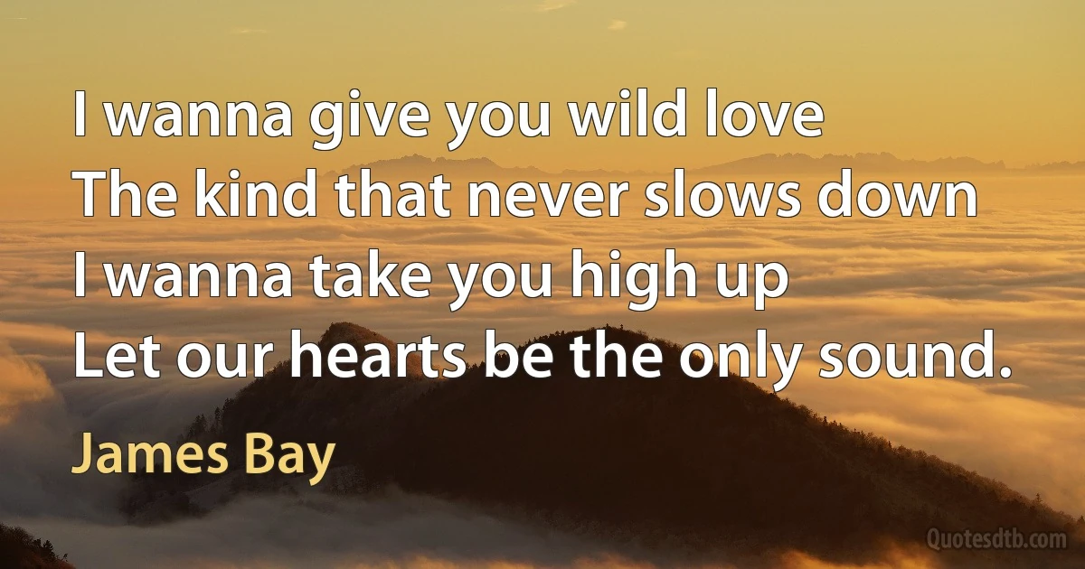 I wanna give you wild love
The kind that never slows down
I wanna take you high up
Let our hearts be the only sound. (James Bay)