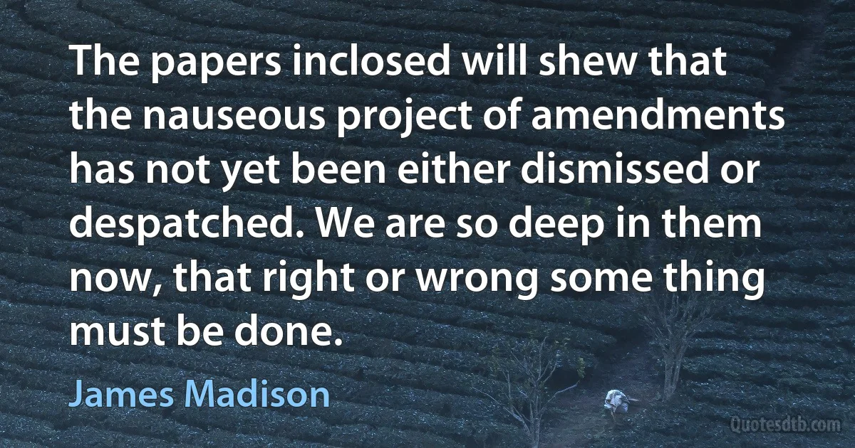 The papers inclosed will shew that the nauseous project of amendments has not yet been either dismissed or despatched. We are so deep in them now, that right or wrong some thing must be done. (James Madison)