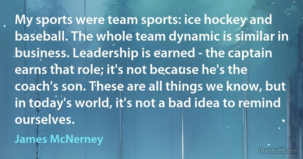 My sports were team sports: ice hockey and baseball. The whole team dynamic is similar in business. Leadership is earned - the captain earns that role; it's not because he's the coach's son. These are all things we know, but in today's world, it's not a bad idea to remind ourselves. (James McNerney)