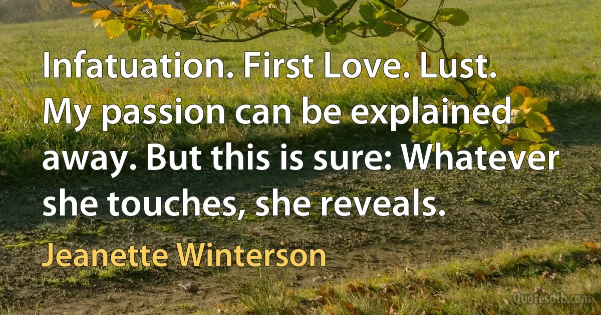 Infatuation. First Love. Lust.
My passion can be explained away. But this is sure: Whatever she touches, she reveals. (Jeanette Winterson)