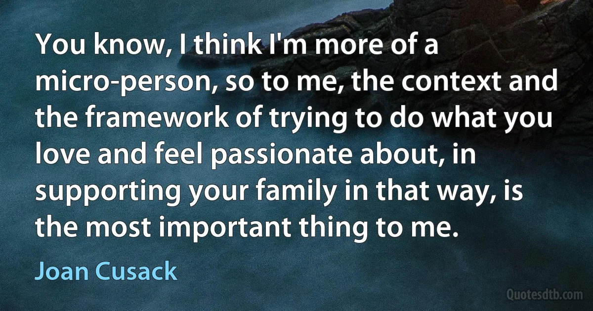 You know, I think I'm more of a micro-person, so to me, the context and the framework of trying to do what you love and feel passionate about, in supporting your family in that way, is the most important thing to me. (Joan Cusack)