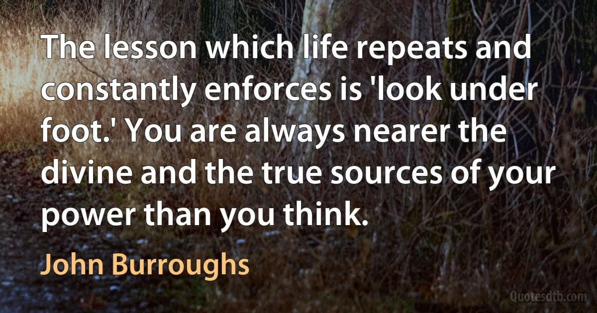 The lesson which life repeats and constantly enforces is 'look under foot.' You are always nearer the divine and the true sources of your power than you think. (John Burroughs)