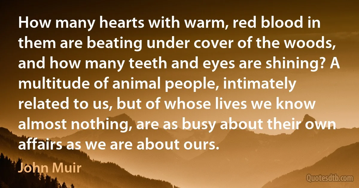 How many hearts with warm, red blood in them are beating under cover of the woods, and how many teeth and eyes are shining? A multitude of animal people, intimately related to us, but of whose lives we know almost nothing, are as busy about their own affairs as we are about ours. (John Muir)