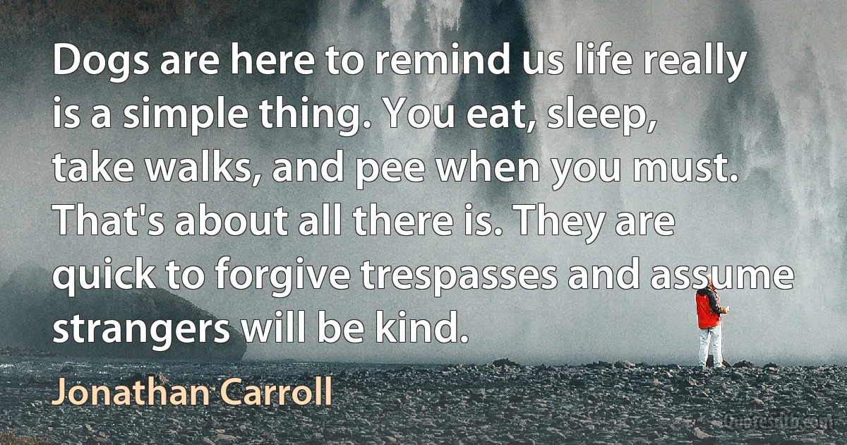 Dogs are here to remind us life really is a simple thing. You eat, sleep, take walks, and pee when you must. That's about all there is. They are quick to forgive trespasses and assume strangers will be kind. (Jonathan Carroll)