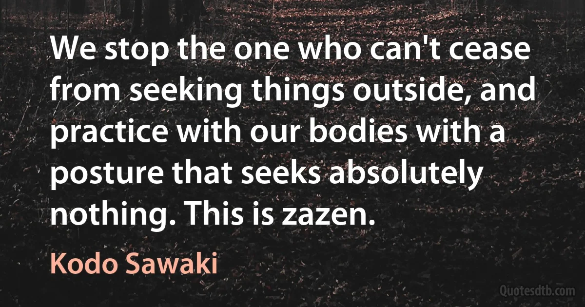 We stop the one who can't cease from seeking things outside, and practice with our bodies with a posture that seeks absolutely nothing. This is zazen. (Kodo Sawaki)